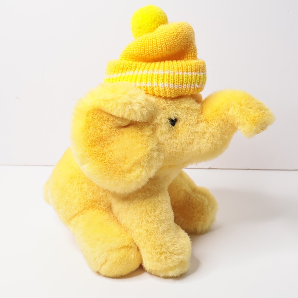 Vintage Chosun Yellow Elephant Plush Stuffed Animal with Knit Winter Hat Korea‎